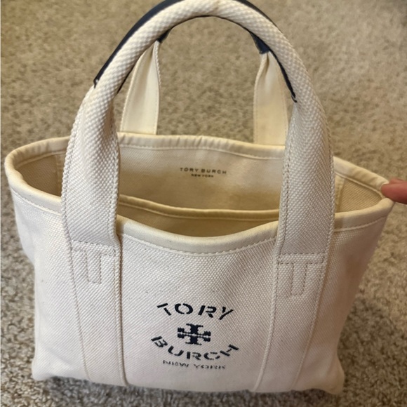 Tory Burch Ivory Canvas Mini Tote with Navy Logo - Picture 1 of 3